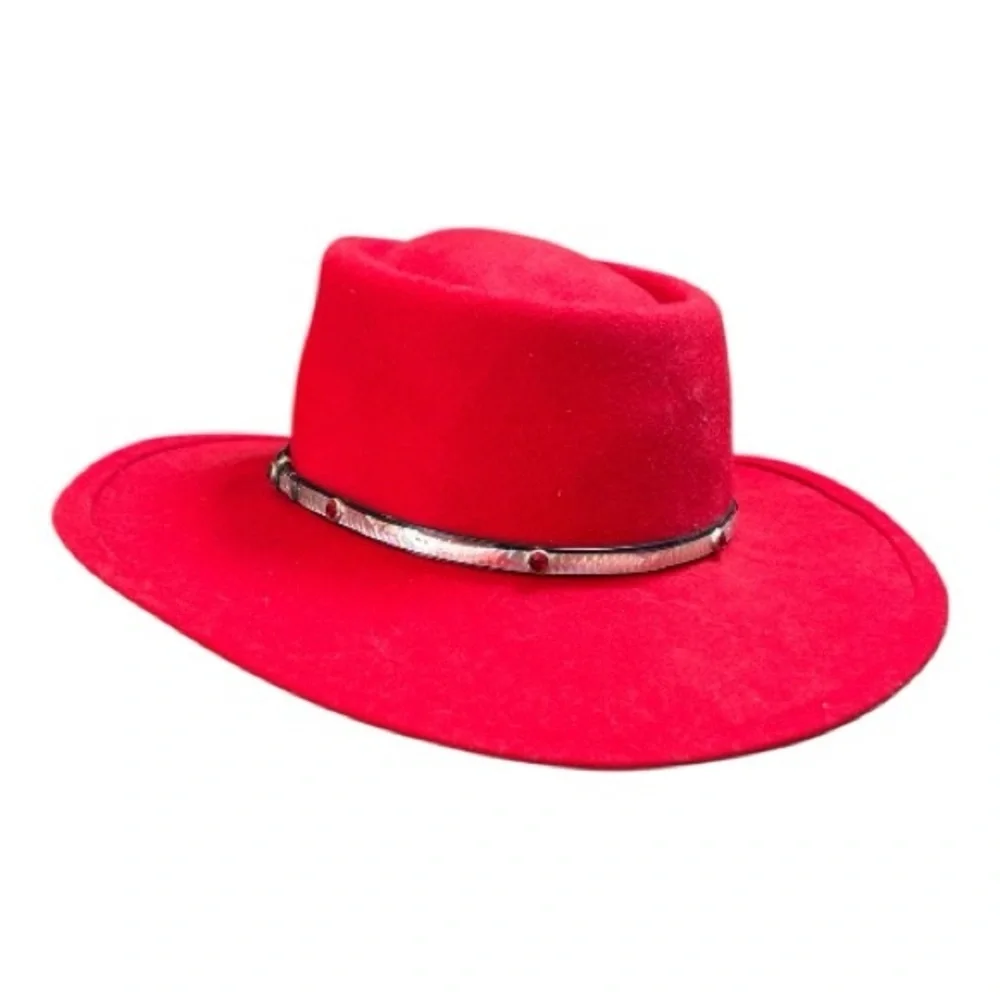 Vintage Lancaster Collection Red Wool Cowgirl Hat Size M Silver Band Red Gems